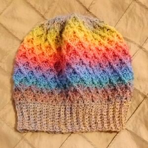 Handmade Crocheted Multicolor Diamond Pattern Wool-Blend Women's SZ M Beanie Hat